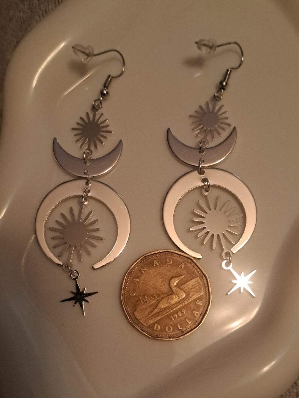 Silver Metal Celestial Moon & Star Sunburst Dangle Drop Earrings New - Picture 3 of 4